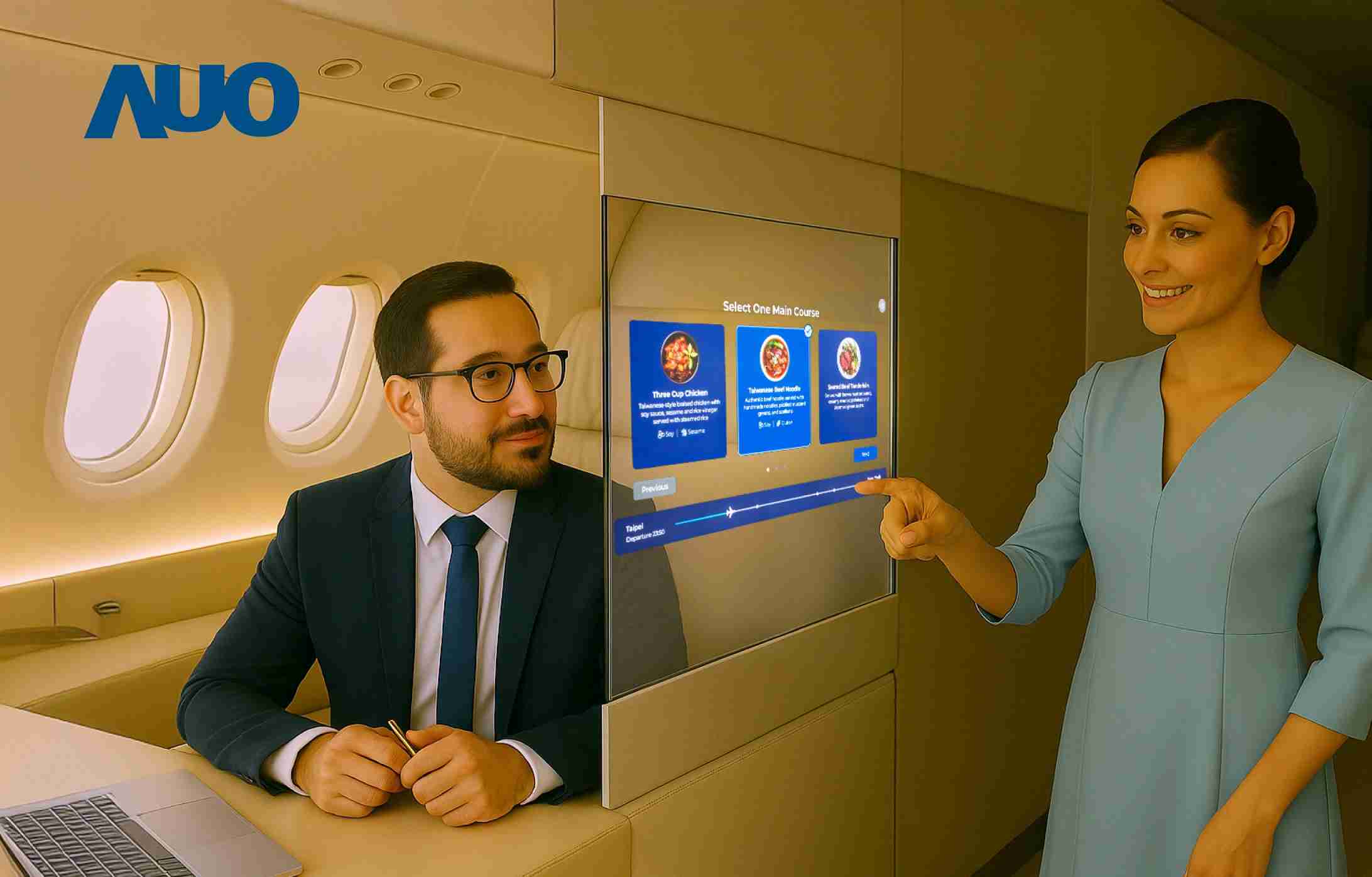 人生就是博研发全球最薄17.3 吋双面透明 Micro LED 显示器，，，可在同一屏幕之双边投射不同信息，，创造独特的”透明化”互动；图为实时翻译交流应用情境